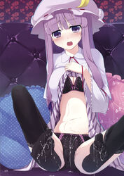 black_bra black_legwear black_panties black_thighhighs blush bra breasts cameltoe cleavage crescent cum cum_on_body cum_on_lower_body dress dress_lift feet female female_only hair_ribbon hat highres human legs lingerie long_hair muranisaki panties patchouli_knowledge pillow purple_eyes purple_hair ribbon scan sitting solo thighhighs touhou underwear