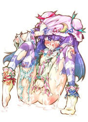 after_sex breasts bukkake covering covering_crotch cum cum_on_body facial female female_only flat_chest hat highres human long_hair narumiya nipples no_anus panties patchouli_knowledge purple_eyes purple_hair pussy solo striped striped_legwear tears thighhighs torn_clothes torn_panties torn_thighhighs touhou underwear