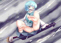 ball_gag barefoot blue_eyes blue_hair bukkake chipika cum cum_inside cum_on_body cum_on_lower_body feet gag gagged kogasa_tatara no_panties pink_ball_gag pov_feet pussy short_hair solo touhou umbrella uncensored wiffle_ball_gag wince