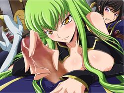 aquamu big_breasts black_hair blush bondage boots breasts c.c. censored cheese-kun cleavage code_geass cum cum_string cum_trail green_hair handjob heels high_heels huge_breasts huge_cock large_breasts lelouch_lamperouge long_hair lying lying_on_guy lying_on_person naughty_face naughty_smile on_person open_clothes open_shirt penis pizza_hut precum shirt shoes smile tied_up yamagarasu yellow_eyes