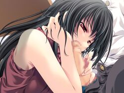 adjusting_hair black_hair blush censored fellatio fukigen_na_ane game_cg hair_tucking long_hair miyama-zero open_fly oral penis red_eyes sleeveless unzipped