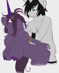 anthro black_hair blush bondage bound chest_tuft equine green_eyes hair hair_pull horn horse my_little_pony original_character patchouli_kush pony purple_body purple_hair red_eyes rope sex sleepymomo unicorn