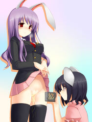 black_hair blazer brown_hair bunny_ear camcorder camera long_hair necktie no_panties peeing photographic_proof purple_hair pussy red_eyes reisen_udongein_inaba short_hair skirt skirt_lift tewi_inaba thighhighs touhou tsukumiya_amane uncensored