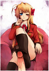 blue_eyes blush censored clothed_female feet footjob footjob_with_legwear footwear fortune_arterial kneehighs looking_at_viewer male_pov messiah_cage penis pov pov_feet precum school_uniform sendou_erika sheer_legwear skirt socks soles wink