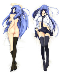 ass blue_eyes blue_hair body_pillow clothing dakimakura feet highres kampfer legs long_hair nude panties panties_around_one_leg pussy sangou_shizuku school_uniform sheet_grab sheets skirt solo thighhighs uncensored underwear wolfour