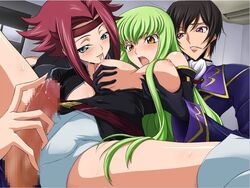 2girls aquamu blush breast_grab breast_lick breast_licking breasts brown_eyes brown_hair c.c. censored code_geass female foreplay green_eyes green_hair group_sex handjob headband human kallen_stadtfeld lelouch_lamperouge licking long_hair male multiple_girls open_mouth penis precum purple_eyes red_hair saliva sex short_hair short_shorts shorts smile spread_legs straight sweat thighhighs threesome tongue yamagarasu yellow_eyes