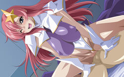 assertive blue_eyes blush breasts censored cowgirl_position erect_nipples female gloves gundam gundam_seed gundam_seed_destiny hair_ornament happy_sex huge_breasts large_breasts long_hair meer_campbell nipples pink_hair pussy reverse_cowgirl_position sex star_hair_ornament straddle vaginal_penetration wink
