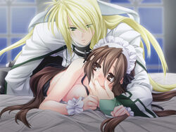 1boy 1girls blonde_hair breasts brown_hair eins_(ijiwaru_my_master) female finger_sucking game_cg hetero horns ijiwaru_my_master long_hair maid maid_headdress medium_breasts nipples photoshop_(medium) sakurajousui_kurumi sex toujou_sakana