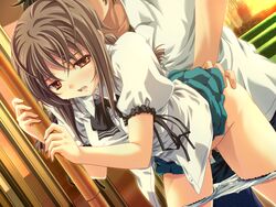 1boy 1girls against_wall bent_over blush braid clothes_lift doggy_style dutch_angle fukigen_na_itoko game_cg grey_hair hinagishi_hatoko miyama-zero non-web_source open_mouth orange_eyes panties panty_pull pussy_juice school_uniform sex sex_from_behind skirt skirt_lift solo_focus straight sunset sweat twin_braids underwear white_panties