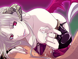 breasts cleavage cum cum_drip cum_on_body cum_on_upper_body demon_girl down_blouse female grin handjob horns looking_at_viewer male mr._romance nail_polish penis pov ragnarok_online succubus succubus_(ragnarok_online) uncensored wings