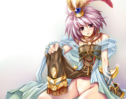 blush bottomless feathers female hair_ornament highres jewelry no_panties open_mouth purple_eyes purple_hair pussy ragnarok_online scarf shaman shaman_(ragnarok_online) short_hair sierra_(ro) solo takelu tattoo uncensored