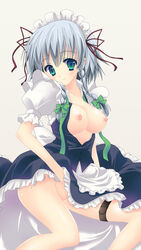 areola big_breasts big_nipples braid breasts closed_mouth clothes color dress dress_lift female female_only grey_hair hair hips looking_at_viewer nipples open_clothes open_eyes pale-skinned_female pale_skin perky_breasts round_ears sakuya_izayoi solo teal_eyes touhou tsukiji