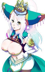 breasts cleavage crown elbow_gloves female gloves hands_on_hips headdress huge_breasts long_hair mothika musou_orochi musou_orochi_2 nipples nu_wa ponytail solo tied_hair white_hair yellow_eyes