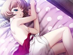 aqua_eyes bed bob_cut breasts brown_hair closed_eyes dutch_angle female flat_chest from_above game_cg hell_guide kiriyama_mai lying m_no_violet nipples on_side open_mouth overalls polka_dot santa_maria short_hair sideboob sleeping sleeveless_shirt solo topless wink