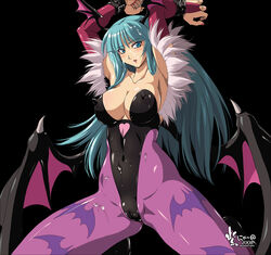 1girls 2008 armpits arms_up bare_shoulders bat_wings blush bondage breasts bridal_gauntlets cameltoe chains cleavage cuffs cum cum_on_clothes cum_on_hair darkstalkers demon_girl elbow_gloves erect_nipples facial female female_only gloves green_eyes green_hair head_wings impossible_clothes kneeling latex leotard long_hair morrigan_aensland murasaki_nyaa nail_polish nipple_bulge nyanko_batake pantyhose pokies shackles skin_tight solo spandex succubus tied_up wings