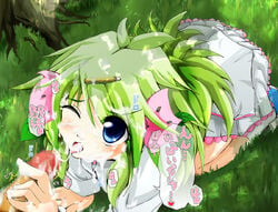 blue_eyes censored cum cute_fang faceless_male fellatio female green_hair human humanized humanized_pokemon japanese_text male moemon oral panties penis personification pokemon pokemon_(species) pokemon_dppt rakkogawa_rinro shaymin shaymin_(land_form) solo_focus straight striped striped_panties translation_request wink