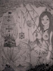anus ass breasts eyes female merfolk mermaid nipples ocean pirate polearm pussy realistic sea ship siren skull spear sword traditional_media_(artwork) trident uncensored weapon