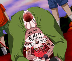 abs anus ass blush body_writing bondage breasts cargo_pants censored clothing collar cuffs drooling from_behind gaping kaibutsu_oujo large_breasts leash looking_at_viewer looking_back mosaic_censoring nipple_piercing nipples no_bra no_panties open_mouth orange_eyes pants piercing pregnant pussy red_hair riza_wildman saliva shackles short_hair spec_(artist) spread_anus tears tongue top-down_bottom-up topless torn_clothes translation_request urasekai