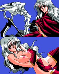 blush clothing covering death_(entity) lightning_warrior_raidy looking_at_viewer lowres nipples red_eyes scythe silver_hair skeleton