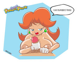 1boy 1girls bedroom_eyes big_breasts big_nipples bimbo blue_eyes breast_focus breasts brown_hair crown earrings female gloves half-closed_eyes handjob horny human jiky lips lipstick looking_at_viewer luigi male male_pov mario_(series) naughty naughty_face nintendo nipples open_mouth penis pov princess_daisy pubic_hair seductive seductive_eyes seductive_look shoulder_length_hair smile smooth_skin straight super_princess_peach topless translated unseen_male_face