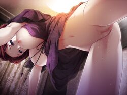 blue_eyes breasts brown_hair censored game_cg hell_guide m_no_violet nipples underboob