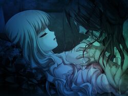 blonde_hair blue_eyes breasts game_cg hell_guide long_hair m_no_violet nipples sleeping topless