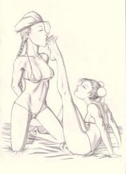 2girls beret bikini braid cammy_white chun-li double_bun feet female female_only foot_lick hair hat human licking_feet licking_foot long_hair medium_breasts monochrome multiple_females multiple_girls straight_hair street_fighter swimsuit yuri