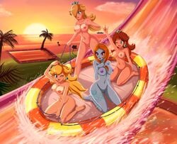 4girls abs aqua_eyes armpits arms_up beach big_breasts blonde_hair blue_eyes blue_skin blush breasts brown_hair completely_nude completely_nude_female crossover crown daisy_cruiser earrings female female_only full_body hair hair_over_one_eyes hairless_pussy happy hourglass_figure human kneeling large_breasts long_hair mario_(series) midna multiple_females multiple_girls naked naked_female navel nintendo nude nude_female princess_daisy princess_peach princess_rosalina raft red_eyes red_hair sexy_armpits sigurdhosenfeld slide smooth_skin sunset super_mario_bros. super_mario_sunshine tattoo the_legend_of_zelda toned twili twili_midna twilight_princess uncensored wariza water water_slide waterpark wink zenra