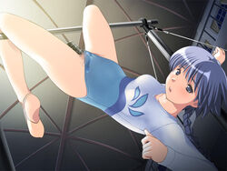 blue_eyes blue_hair blush censored clothed_masturbation clothing dildo game_cg gymnast_socks gymnastics leotard masturbation open_mouth princess_69 pussy pussy_juice shintaisou short_hair tenruu zatou