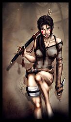 1girls 2005 artist_request belt breasts brown_eyes brown_hair female female_only fishnets inuzuka_hana long_hair naruto naruto_(classic) nipples see-through sheer solo straight_hair sword uncensored weapon