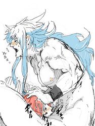 bara blue_hair blush closed_eyes handcuffs human male male_nipples male_only muscle muscles nipples nude open_mouth oral red_hair regal_bryant side_view tales_of_(series) tales_of_symphonia yaoi zelos_wilder