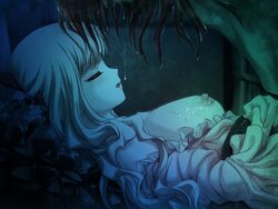 blonde_hair blue_eyes breasts game_cg hell_guide long_hair m_no_violet nipples sleeping topless wet