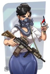 1girls artist_name assault_rifle black_hair bomb breasts cleavage commission cute female firearm gabocaricaturas gas_mask gun himeko_(gabocaricaturas) hips mask nail_polish oc office_lady office_suit original_character pinup remote_control watermark weaponry