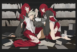 2girls apron blue_eyes book devola erect_nipples female female_only femdom miyanatsu multiple_girls nier_(character) nier_(series) nier_replicant popola red_hair siblings silver_hair twins