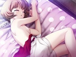 bed bob_cut breasts brown_hair closed_eyes dutch_angle female flat_chest from_above game_cg hell_guide kiriyama_mai lying m_no_violet nipples on_side open_mouth overalls polka_dot santa_maria short_hair sideboob sleeping sleeveless_shirt solo topless