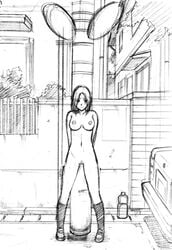 arms_behind exhibitionism kneehighs monochrome moriya_naoki nipples nude oppai public_nudity sketch work_in_progress