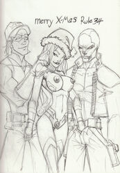 1girls 2boys batman_(series) big_breasts black_and_white breasts christmas dc dc_comics female hat human jason_todd koriand'r large_breasts male new_52 red_hood_(dc) red_hood_and_the_outlaws roy_harper santa_hat sketch standing starfire tamaranean teen_titans text uncensored