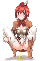 anus blush boots brown_eyes censored nopan peeing peeing_in_cup pooca red_hair squat tagme urine vagina