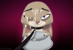 2020 anthro bodily_fluids bondage bowl collar cum cum_on_face disney female food_bowl fur genital_fluids grey_body grey_fur hi_res holding_object judy_hopps lagomorph leash leporid mammal marthasays purple_background purple_eyes rabbit simple_background smile solo zootopia