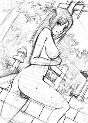 blush dutch_angle exhibitionism long_hair monochrome moriya_naoki nipples nude oppai public_nudity sketch solo stairs sweat work_in_progress