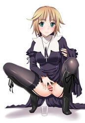 anus aqua_eyes beria_teresa blonde_hair boots censored cross garters nopan nun pooca seikon_no_qwaser squat teresa_beria thighhighs vagina