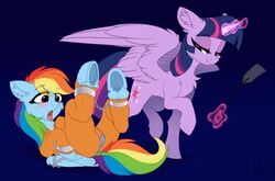 2020 absurd_res airfly-pony alicorn ankle_cuffs black_background blush bondage bound chains clothed clothing cutie_mark duo equid equine feathered_wings feathers female feral friendship_is_magic genitals hair hi_res horn looking_at_another magic mammal multicolored_hair my_little_pony prison_uniform pterippus pussy rainbow_dash_(mlp) rainbow_hair riding_crop shackles simple_background smile twilight_sparkle_(mlp) whip wings