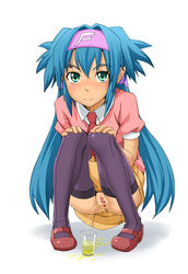 aqua_eyes blue_hair censored clothing klan_klein macross macross_frontier nopan peeing pooca skirt squat stockings tagme thighhighs urine