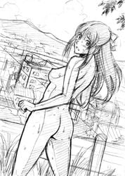 ass dutch_angle exhibitionism long_hair looking_back monochrome moriya_naoki nipples nude oppai public_nudity sketch sweat work_in_progress