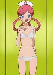 1girls artist_name blue_eyes blush character_name cleavage copyright_name eye_contact female green_background half-closed_eyes headdress human_only lingerie long_hair looking_at_viewer nintendo nurse nurse_joy nyankun21 open_mouth pink_hair pokemon pokemon_rgby small_breasts smile solo standing thigh_gap tongue twintails white_bra white_panties