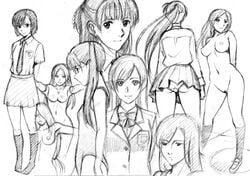 arms_behind blazer bowtie kneehighs loafers long_hair megane mizugi monochrome moriya_naoki necktie nipples nude one-piece_swimsuit oppai panchira panties ponytail pubic_hair school_uniform short_hair sketch skirt tied_hair work_in_progress