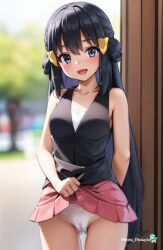 ai_generated black_hair blue_eyes dawn_(pokemon) lifting_skirt panties pokemon pokemon_trainer presenting_panties shinypiplup skirt