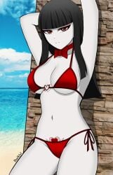 beach bikini black_hair bow_tie breasts brown_eyes crossheart daikiri_di_mon emotionless fortnite fortnite:_battle_royale grey_skin looking_at_viewer pubic_tattoo red_bikini tattoo