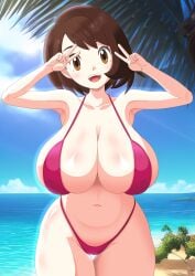 1girls armpits beach big_breasts bikini bikini_bottom bikini_top bottomwear breast_focus breasts brown_eyes brown_hair cleavage double_peace_sign female female_only game_freak gloria_(pokemon) hair huge_breasts large_breasts looking_at_viewer peace_sign pink_bikini pokemon pokemon_ss s.forest short_hair smile solo solo_female swimwear thighs topwear