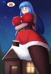 big_breasts blue_hair charlydibulol christmas christmas_outfit giantess house pantyhose smile snow